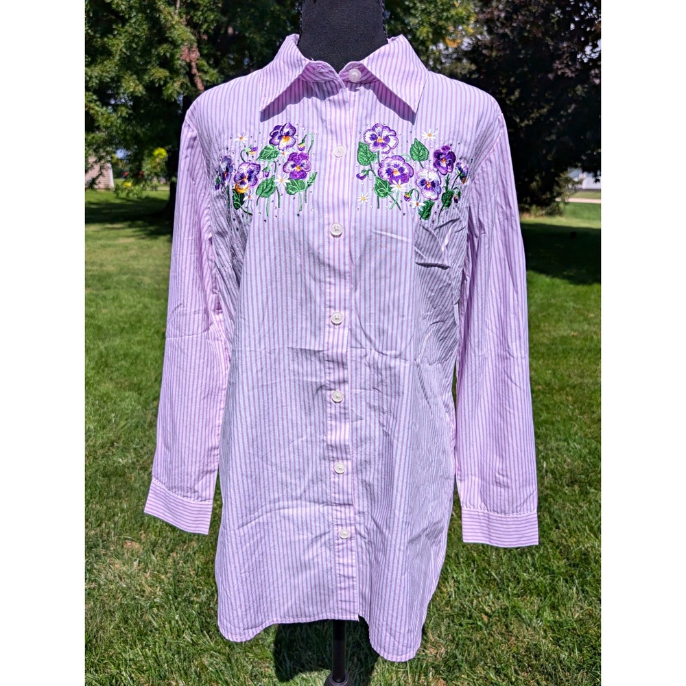 Quacker Factory Womens S Lilac White Striped Embroidered Beaded Blouse